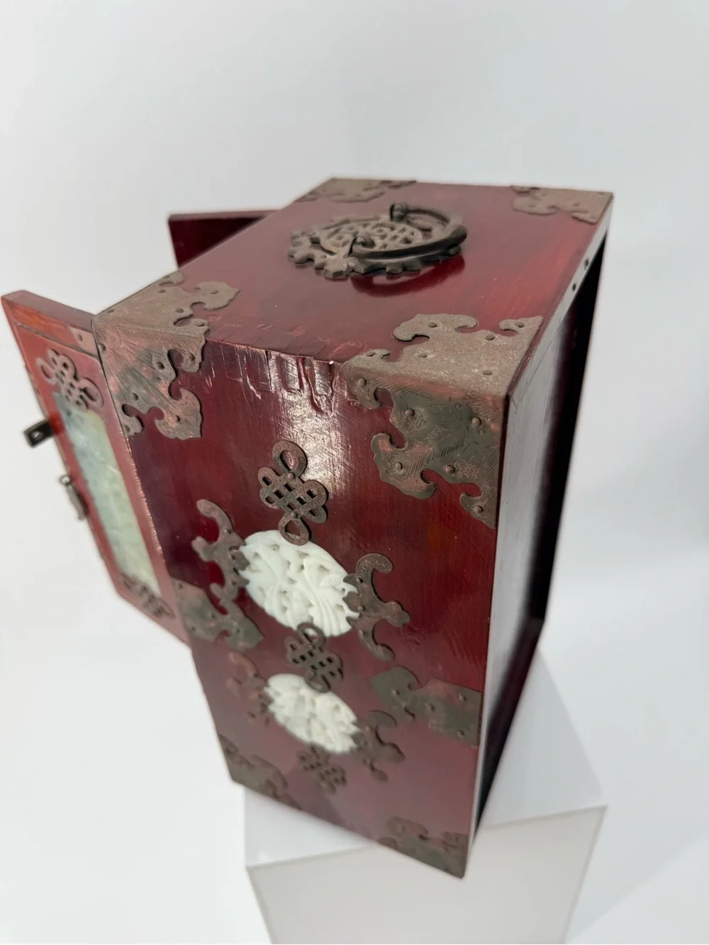 Antique-Style Red Wood Jewelry Cabinet with Jade Inlay - Unbranded